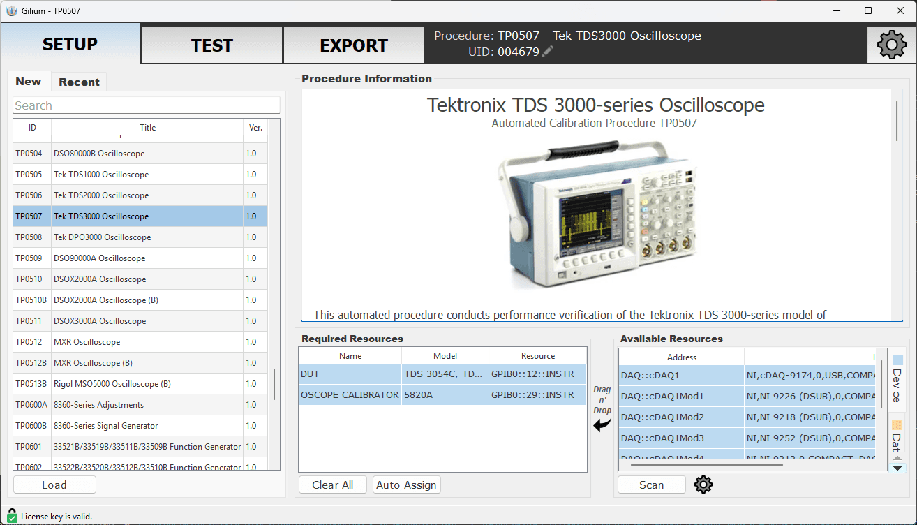 Gilium Setup tab showing the procedure list, procedure information and resource assignment tables