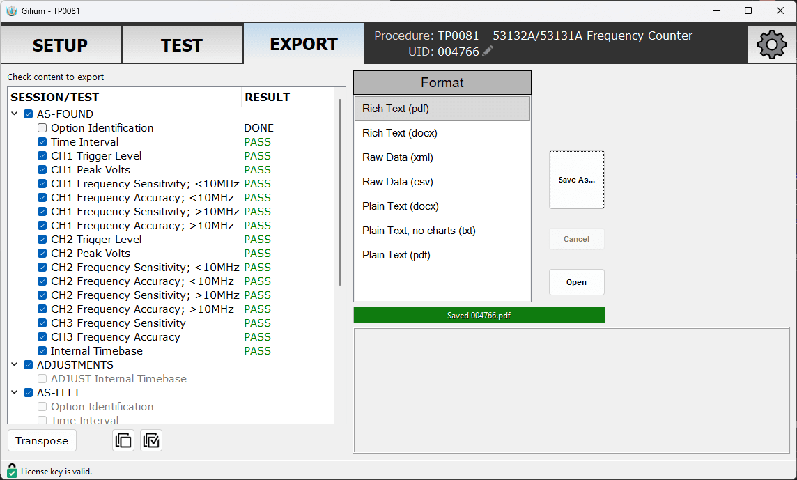 Gilium Export tab showing selectable sessions and the list of export formats